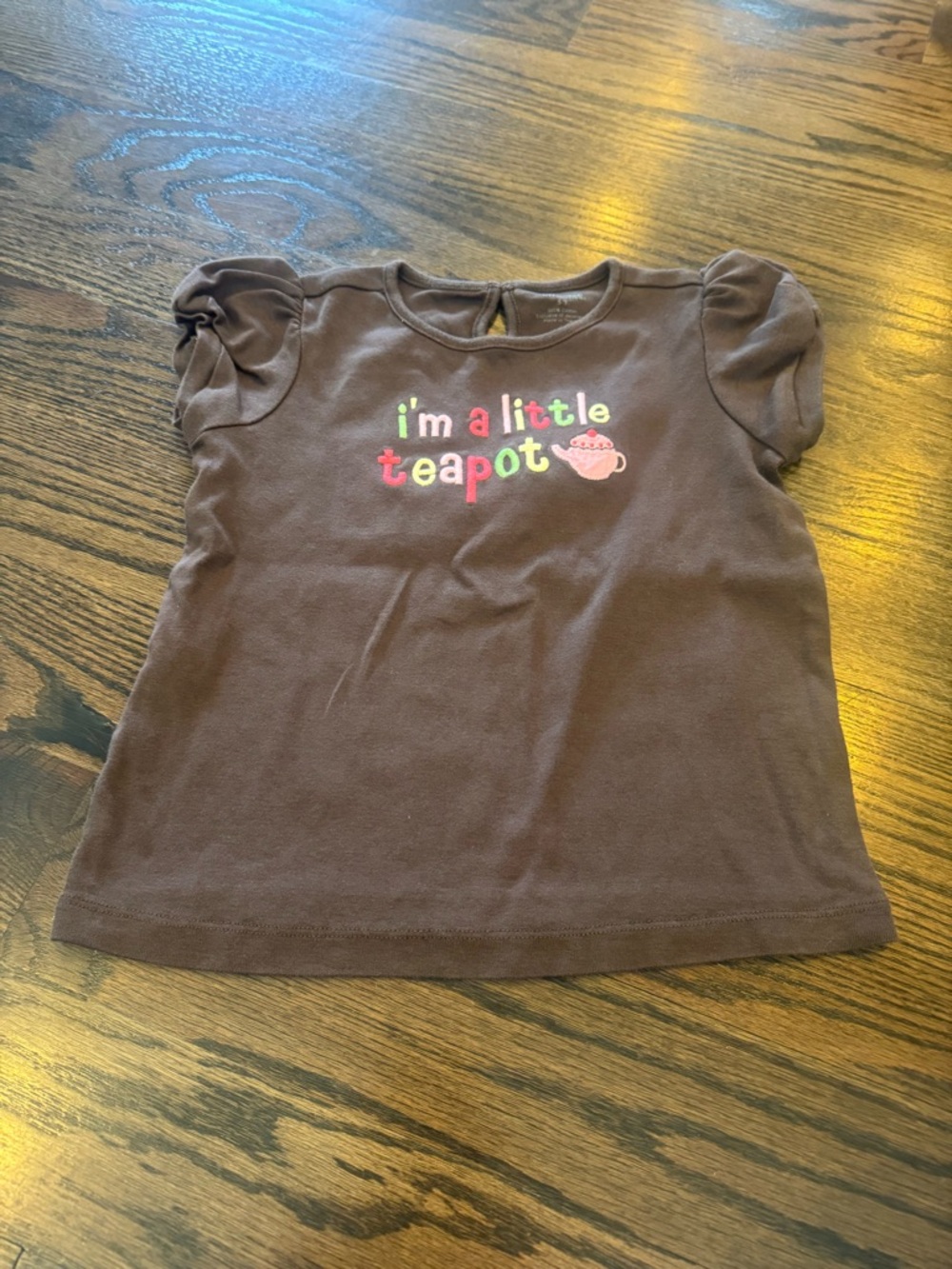 Gymboree Brown Puff Sleeve Tee with Colorful Teapot Embroidery